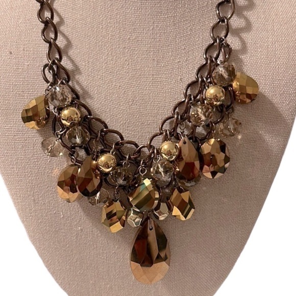 Antique Bronze Chain Necklace With Amber Colored Faceted Beads - Picture 1 of 5